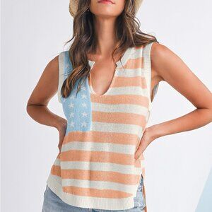 B270 Beige USA Flag Notched Neckline Loose Knit Vest